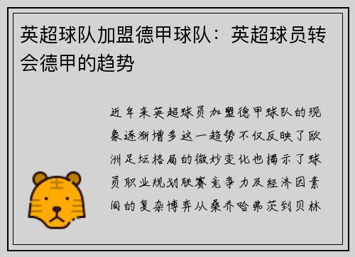 英超球队加盟德甲球队：英超球员转会德甲的趋势