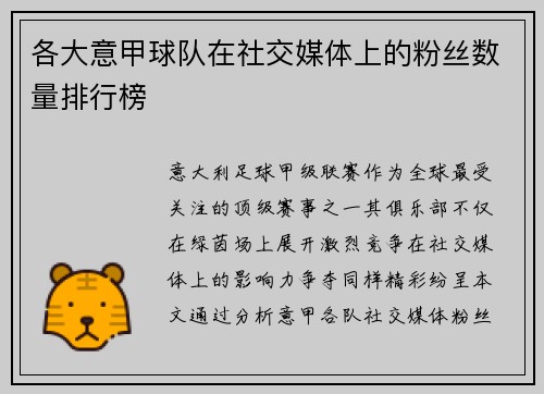 各大意甲球队在社交媒体上的粉丝数量排行榜