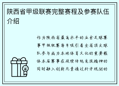陕西省甲级联赛完整赛程及参赛队伍介绍